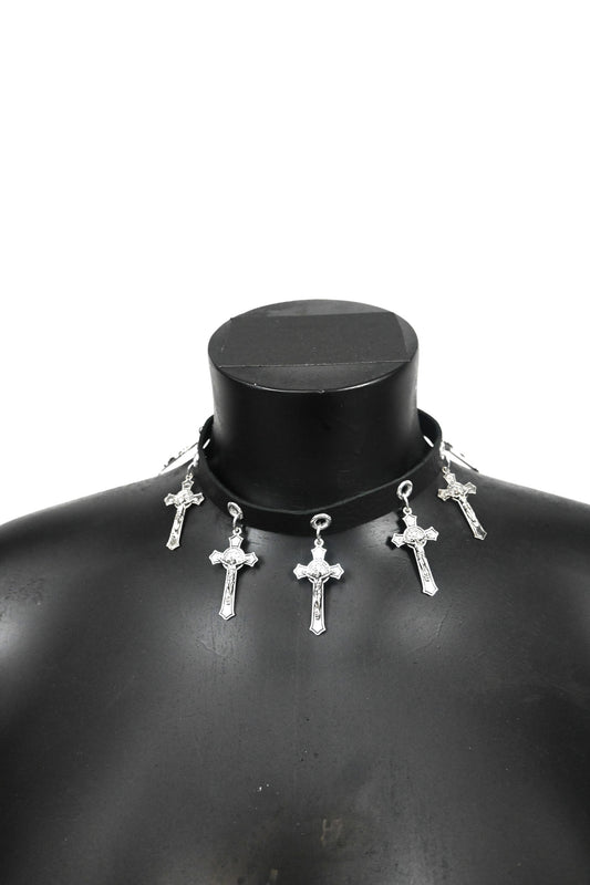 Crucifix leather choker necklace