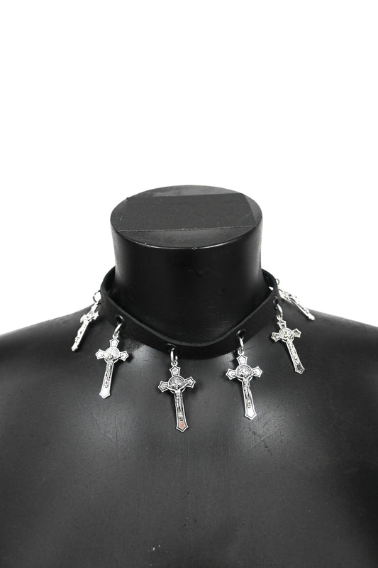 Crucifix leather choker necklace