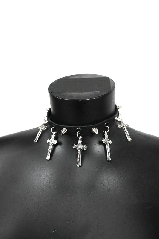 Crucifix leather choker necklace