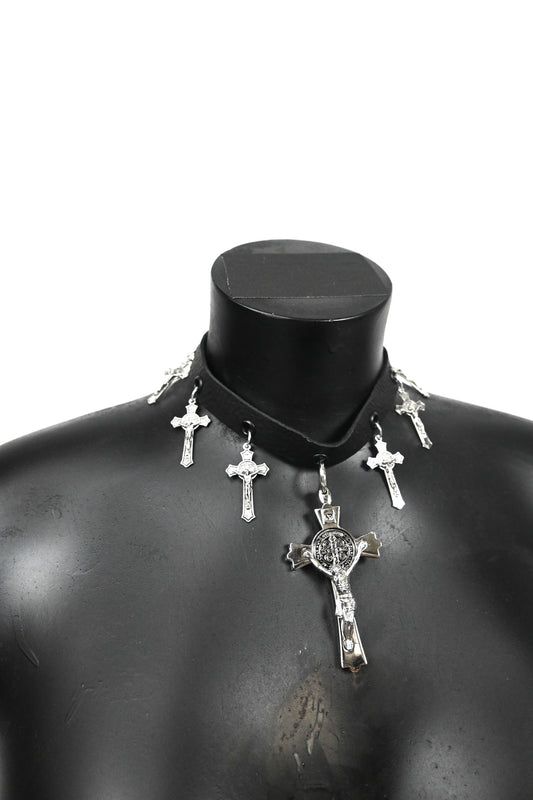 Crucifix leather choker necklace