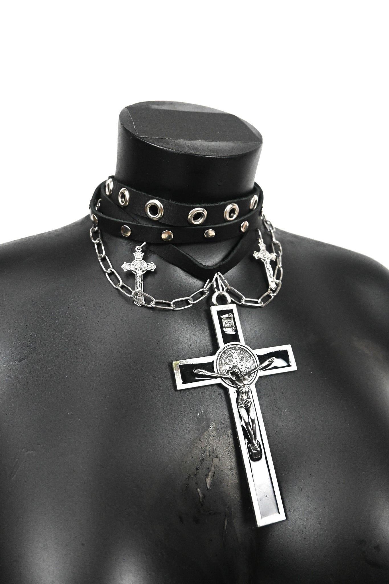 Crucifix leather choker necklace