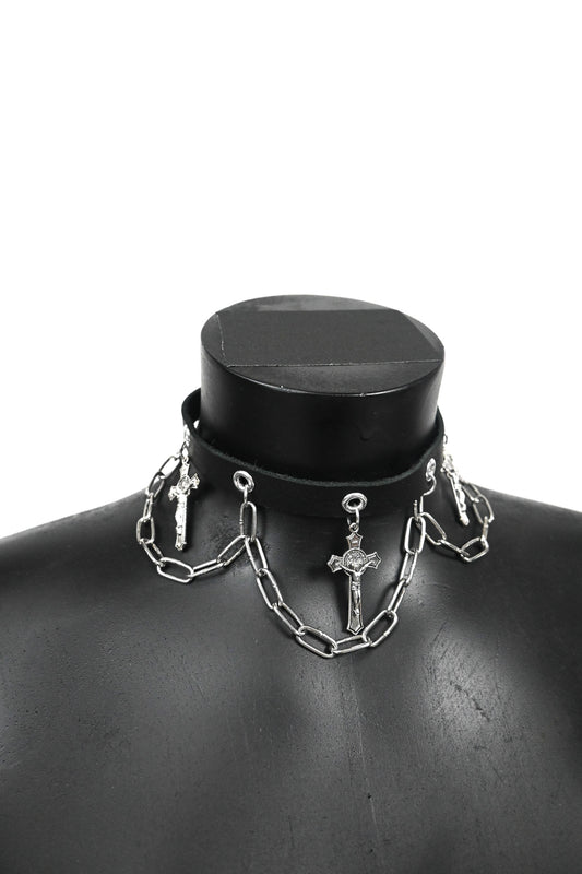 Crucifix leather choker necklace